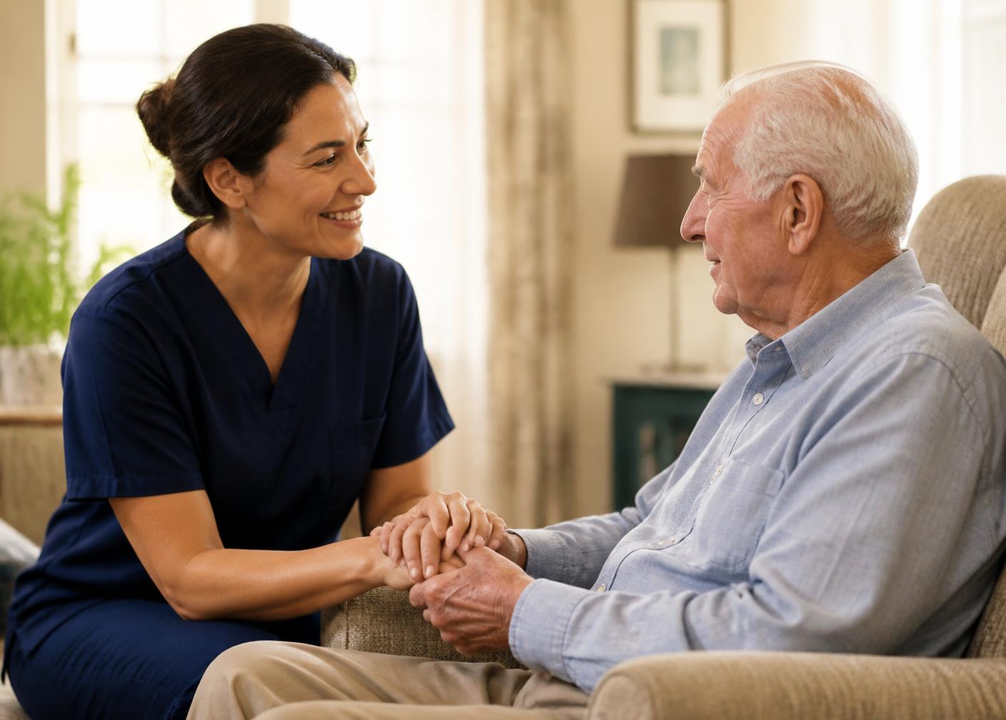 A caregiver in navy scrubs sitting with an older man and holding his hands in a bright home