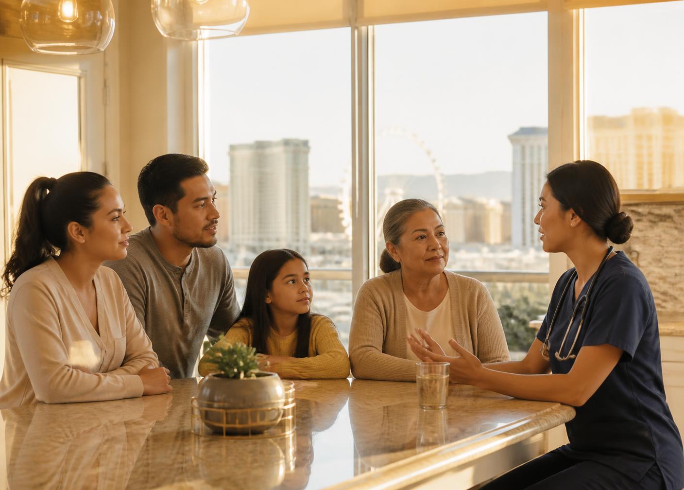 A family talking with a nurse at a kitchen table in a bright Las Vegas home