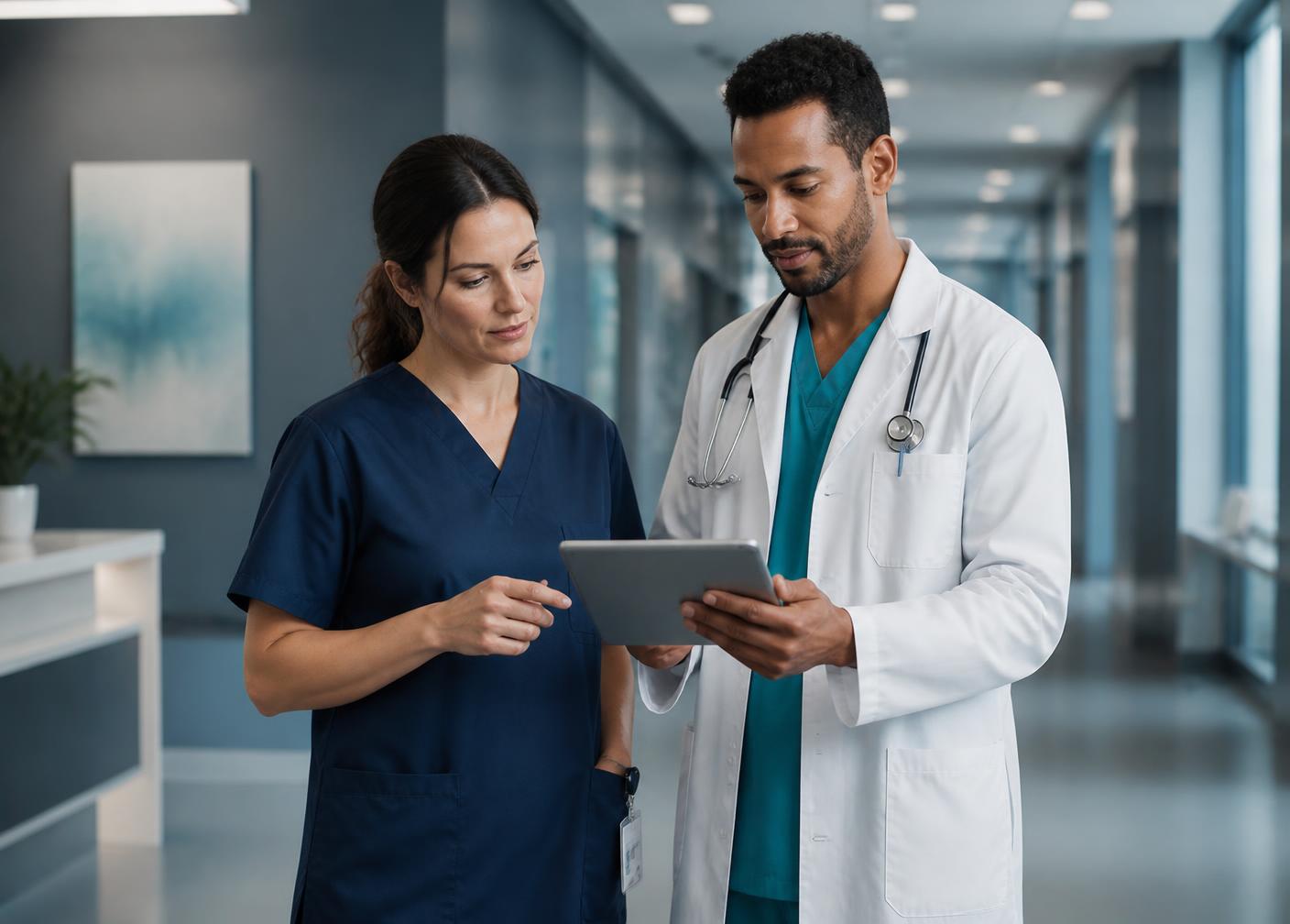 Two clinicians reviewing notes together on a tablet in a quiet hospital corridor